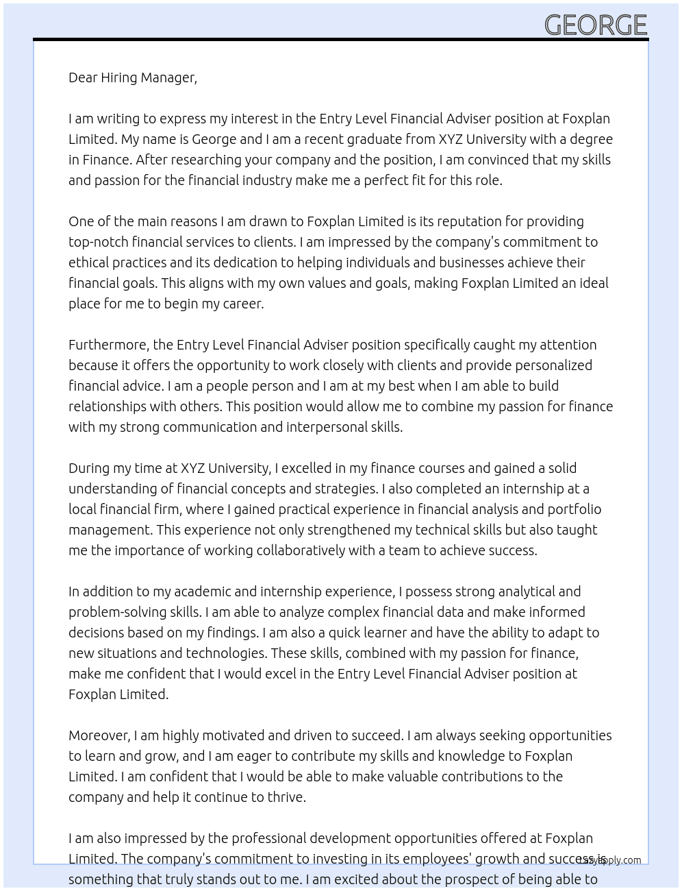 Entry Level Financial Adviser At Foxplan Limited Cover Letter