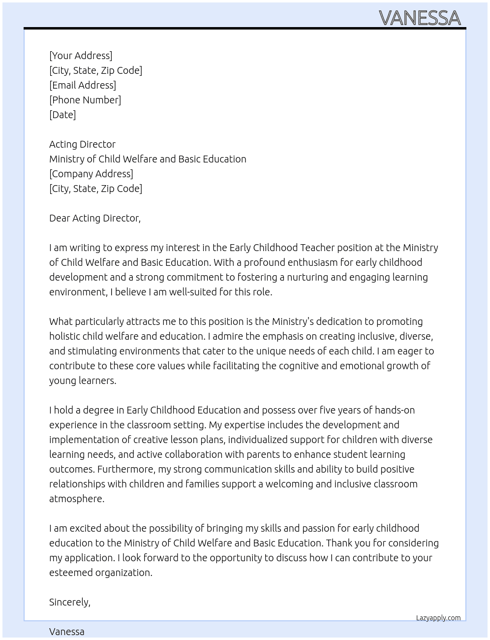 Early childhood teacher  At Ministry of child welfare and basic education  Cover Letter