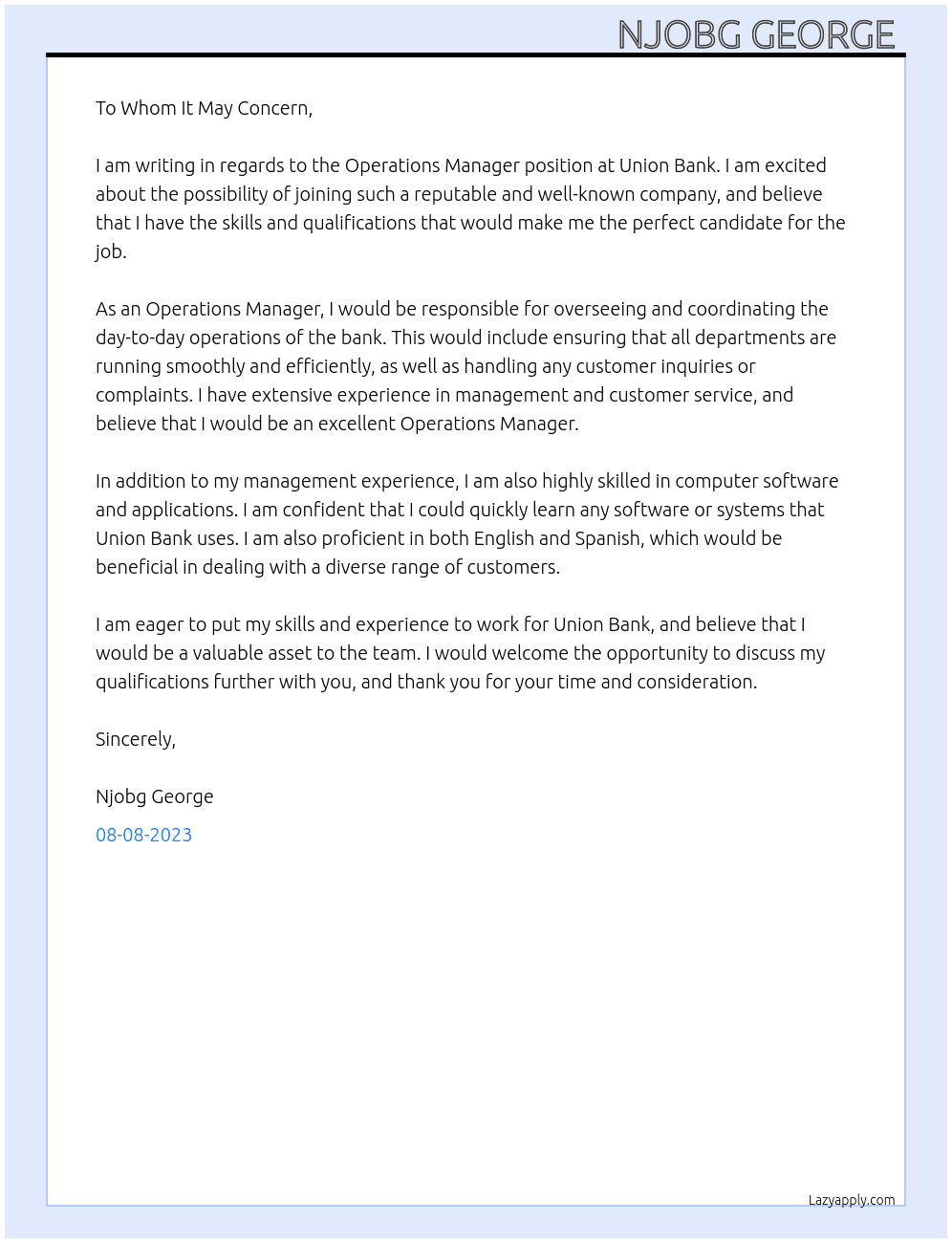 Operation manager At Union bank Cover Letter