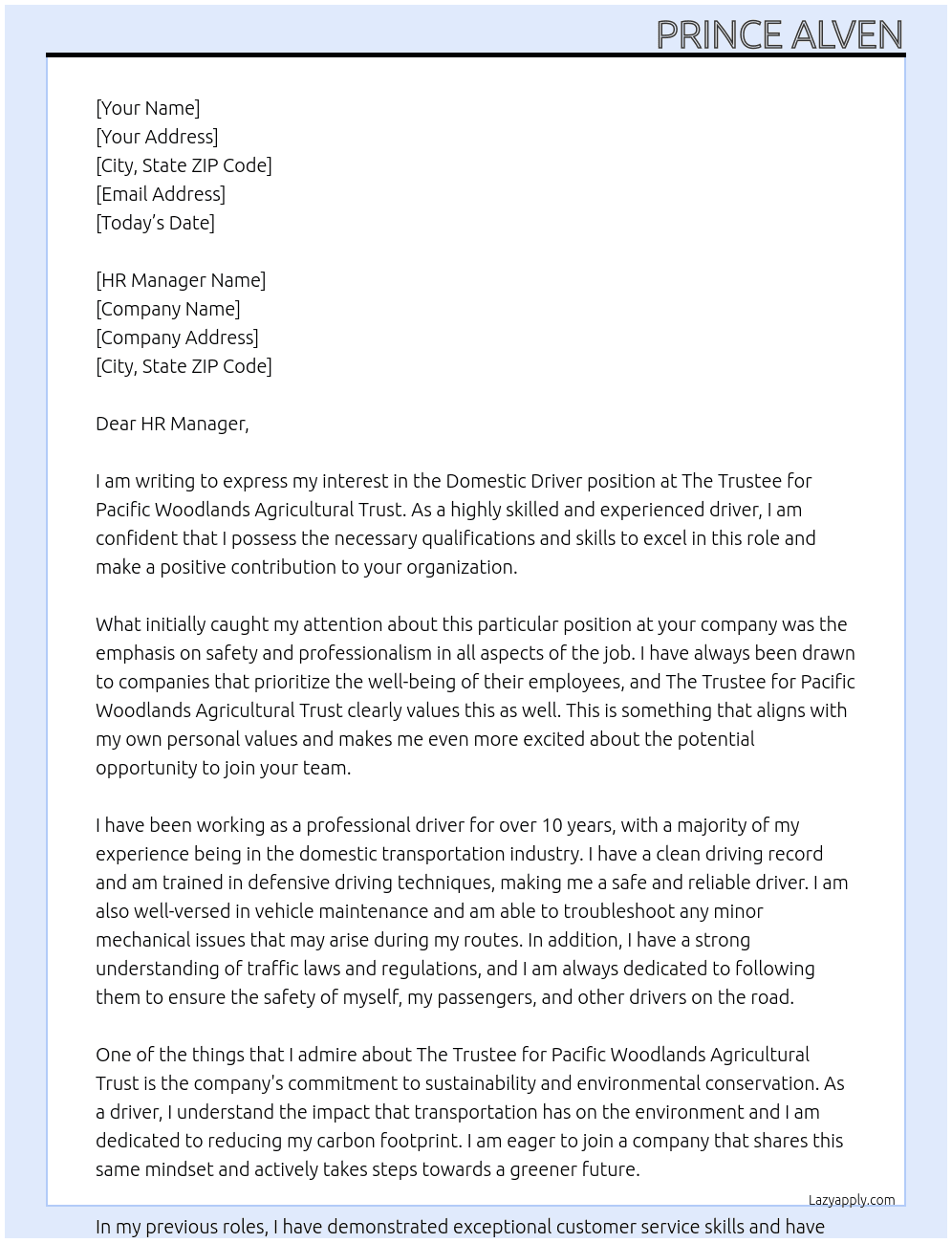 Domestic Driver At The Trustee for Pacific Woodlands Agricultural Trust Cover Letter