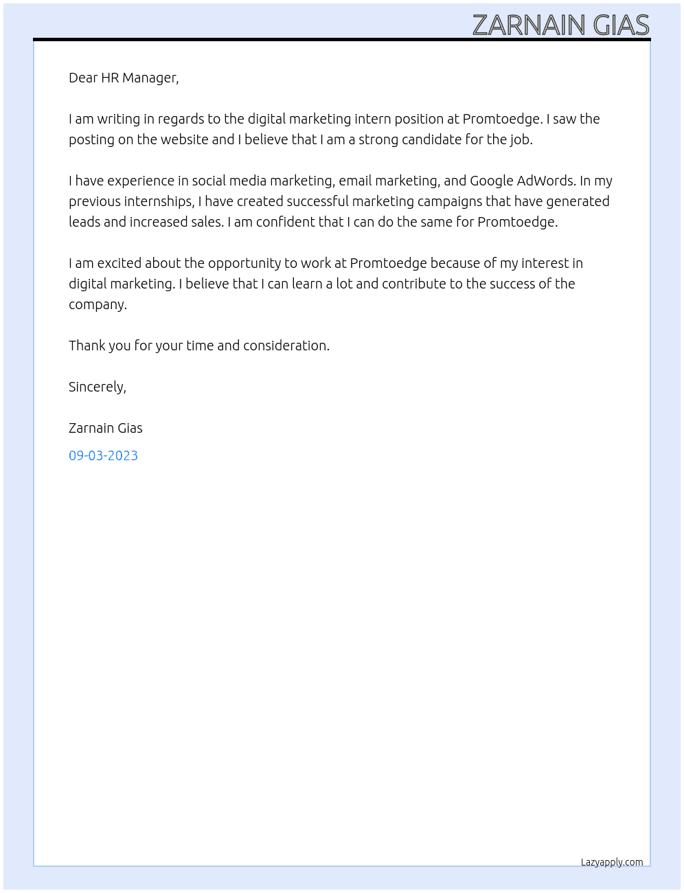 digital marketing intern At promtoedge Cover Letter