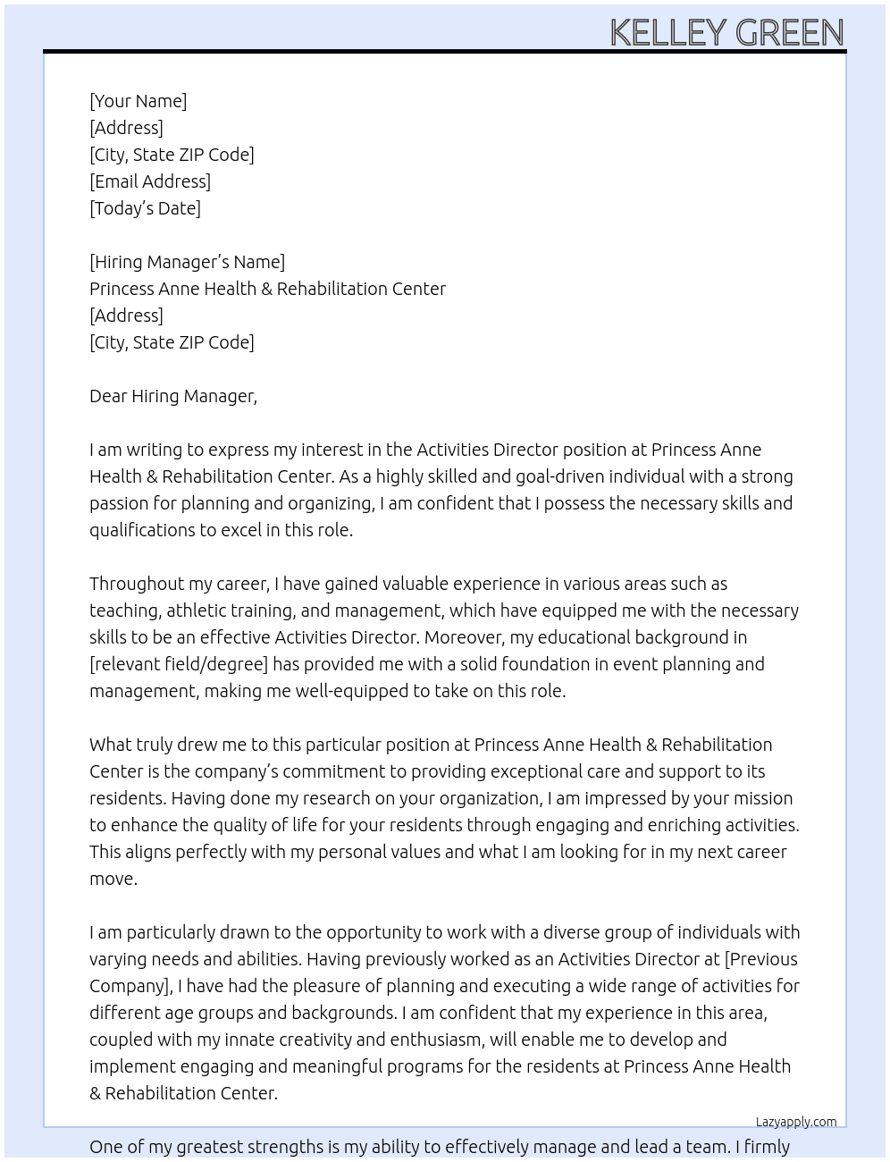 Activities Director At Princess Anne Health & Rehabilitation Center Cover Letter