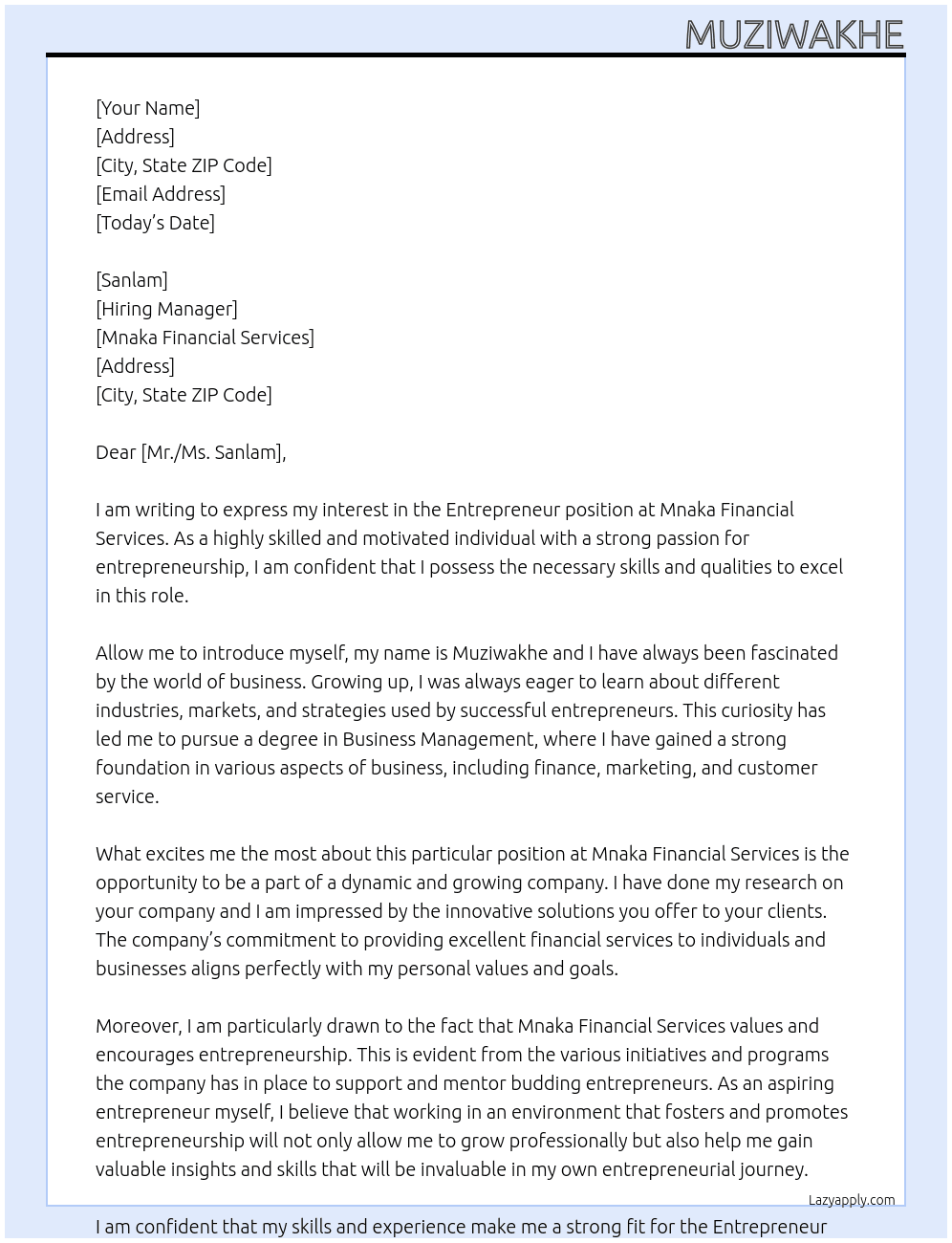 Entrepreneur At Mnaka Financial Services Cover Letter