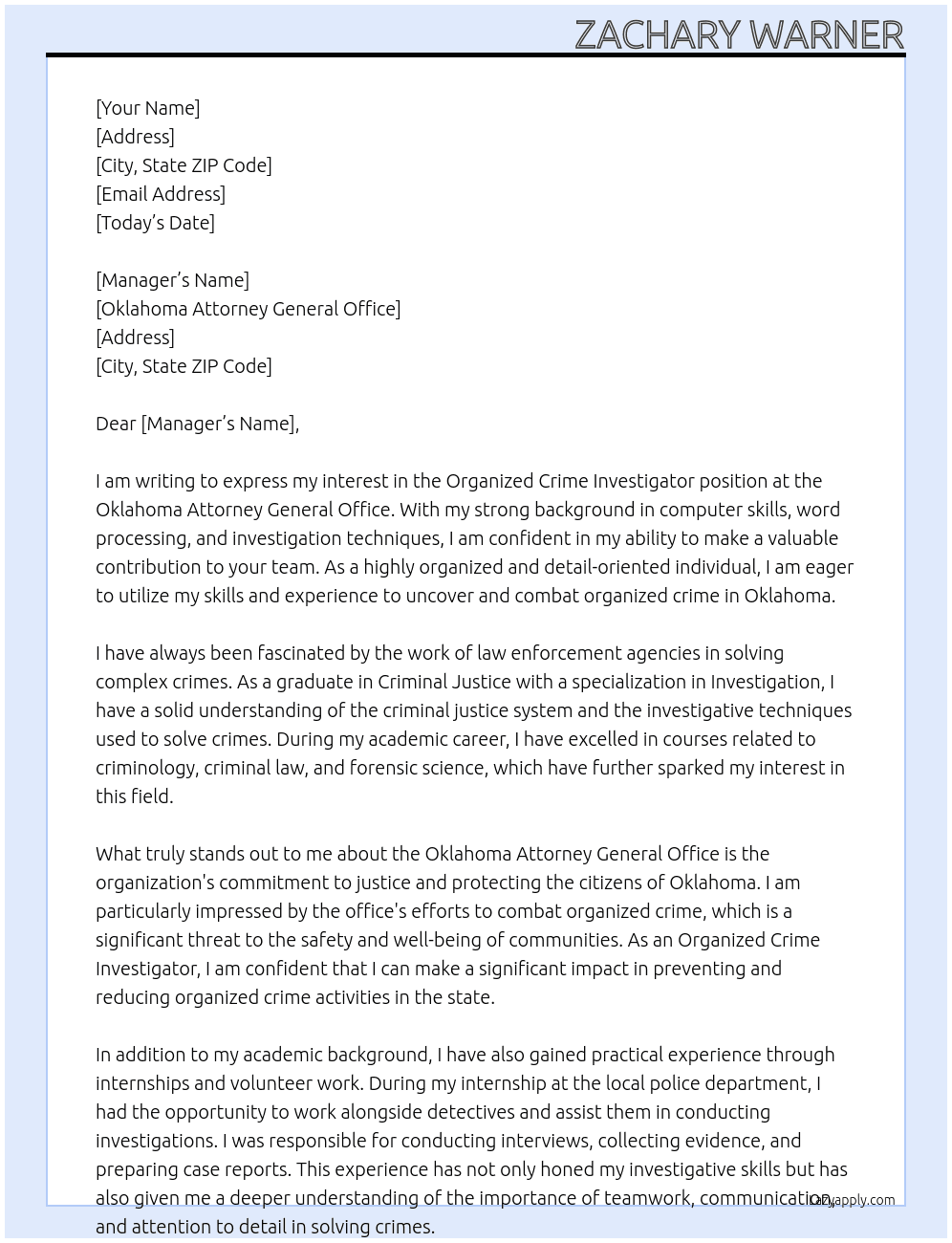 Organized Crime Investigator At Oklahoma Attorney General Office manager Cover Letter