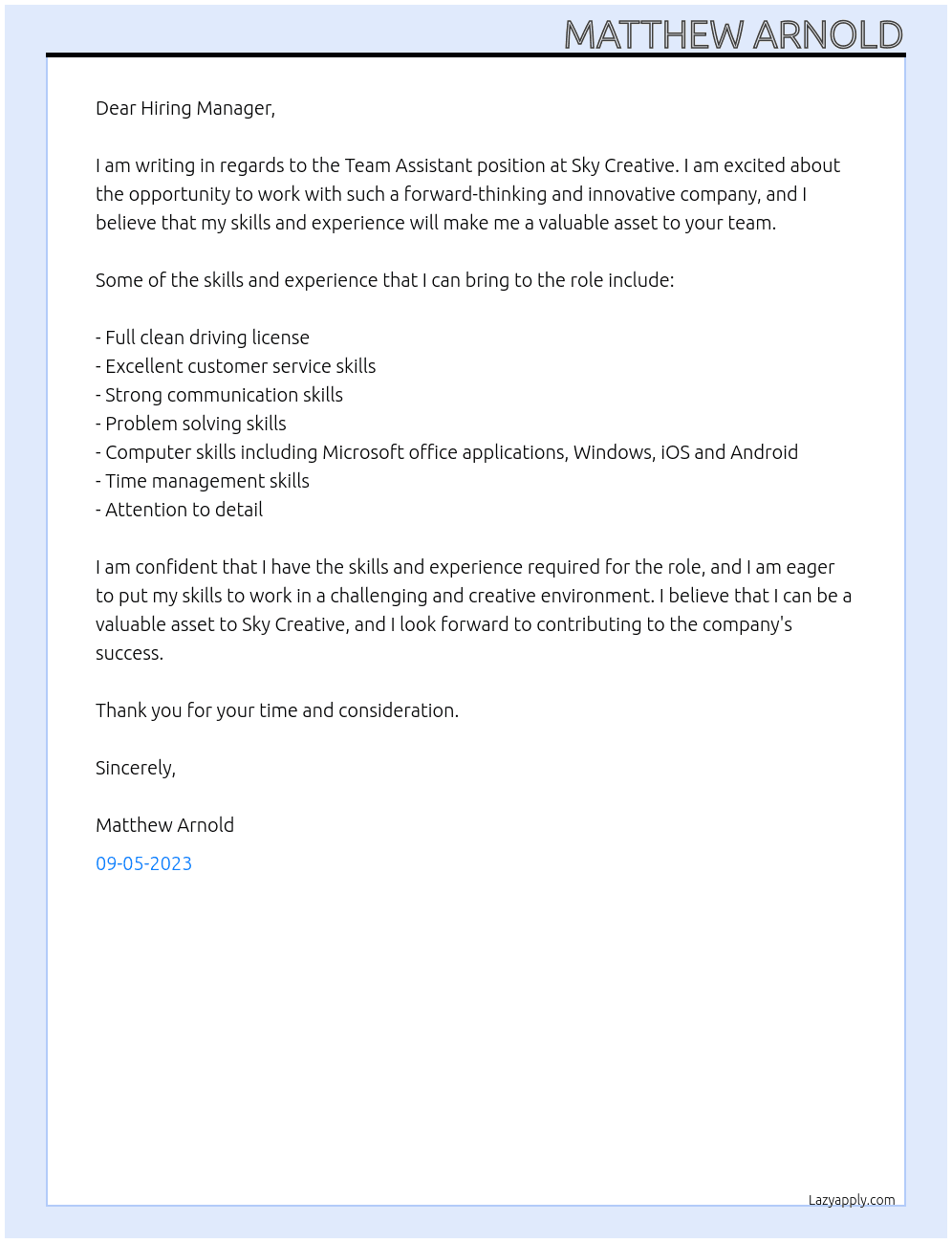 Team Assistant At Sky Creative Cover Letter
