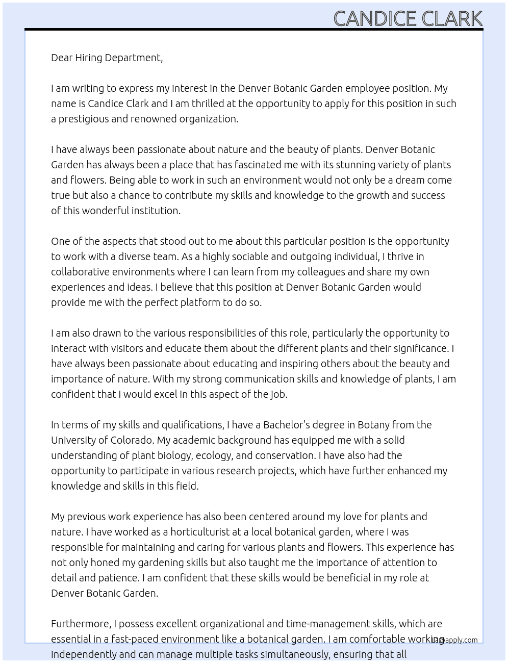 Denver Botanic Garden employee At Denver Botanic Garden Cover Letter