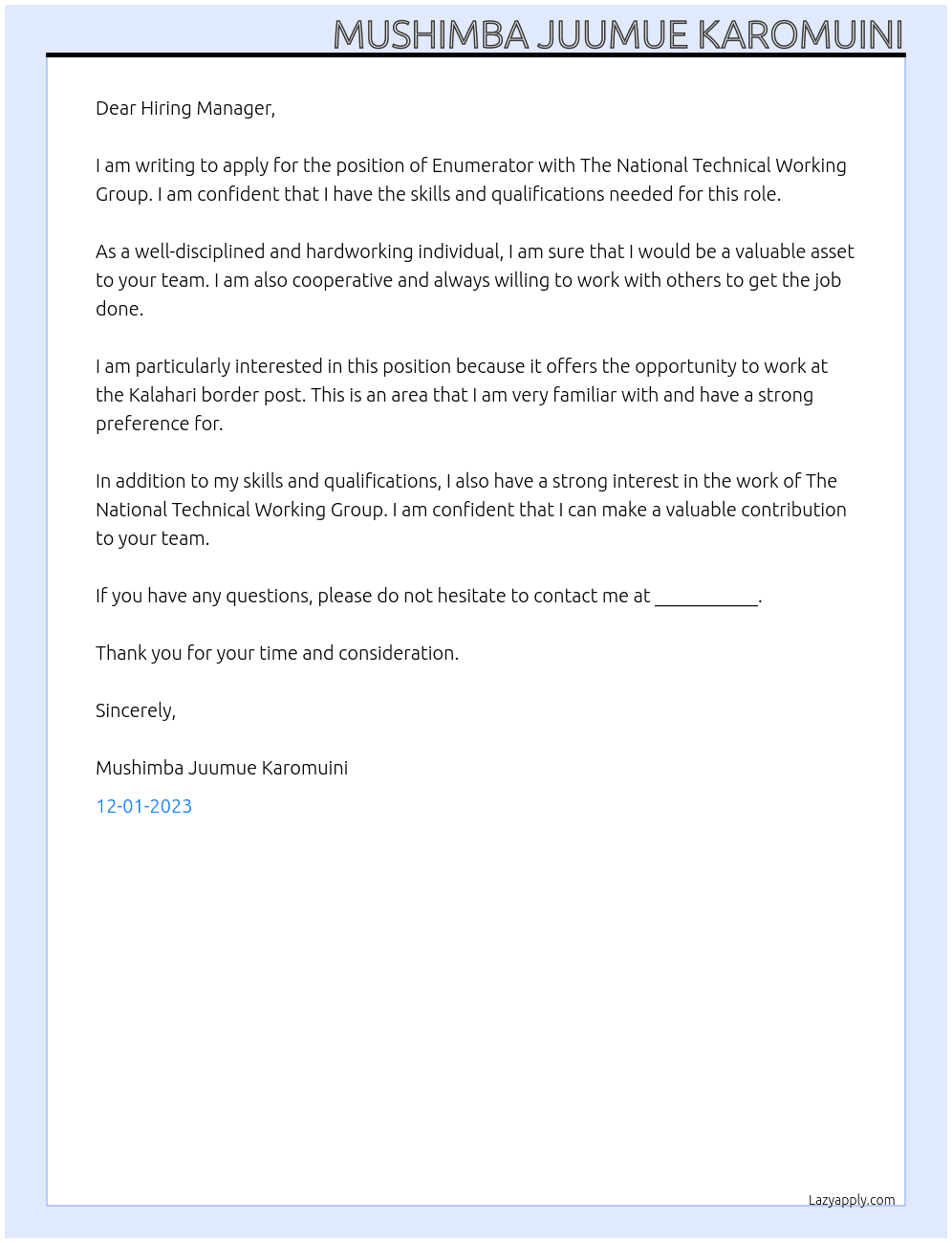 Enumerator At The National Technical Working Group Cover Letter