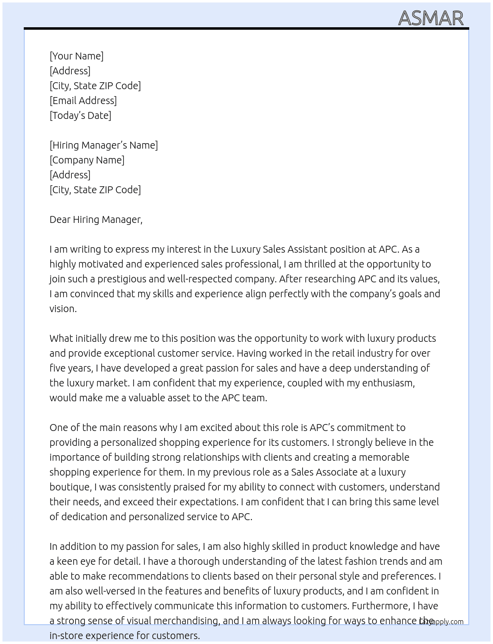 Luxury Sales Assistant  At APC Cover Letter