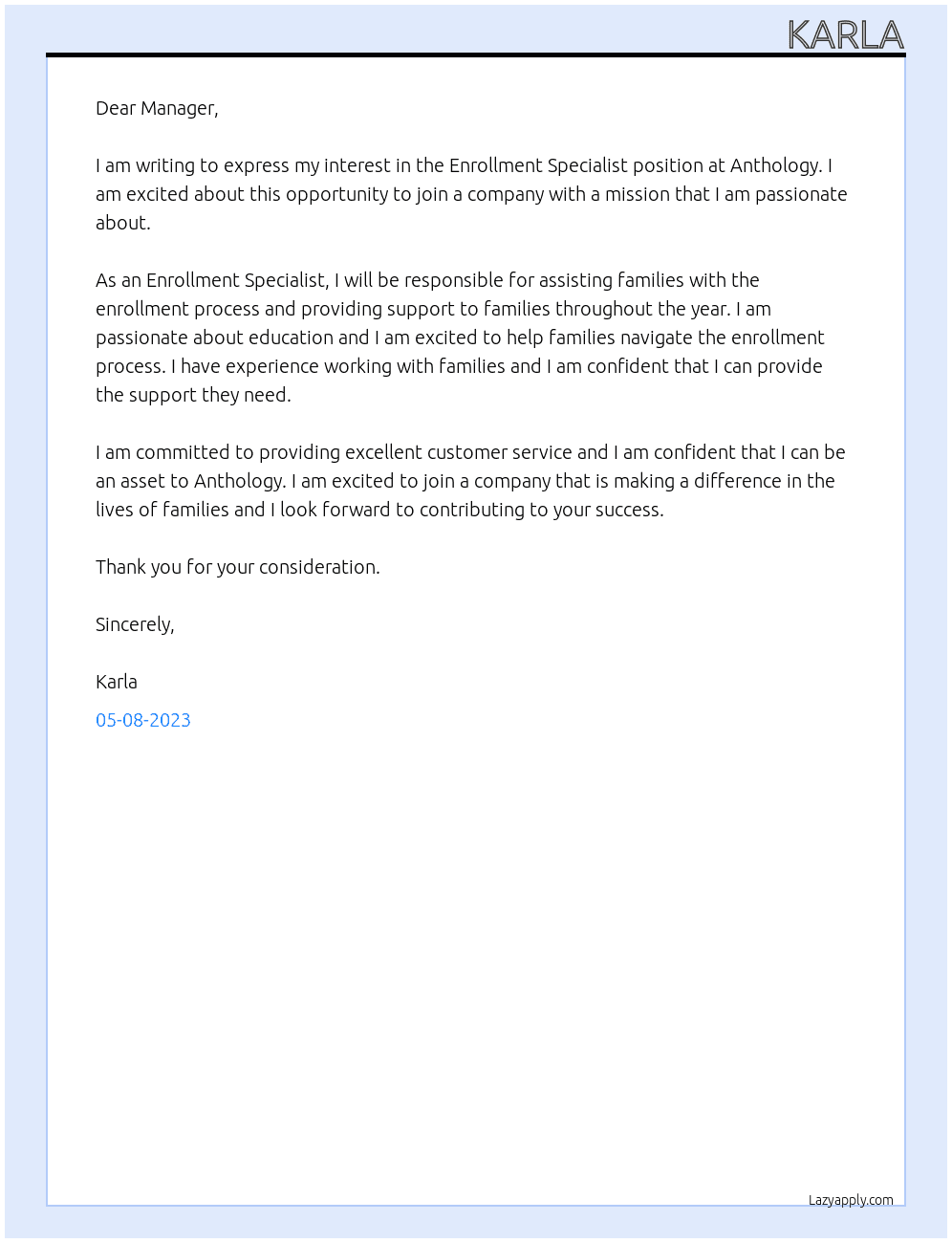 Enrollment specialist At Anthology Cover Letter