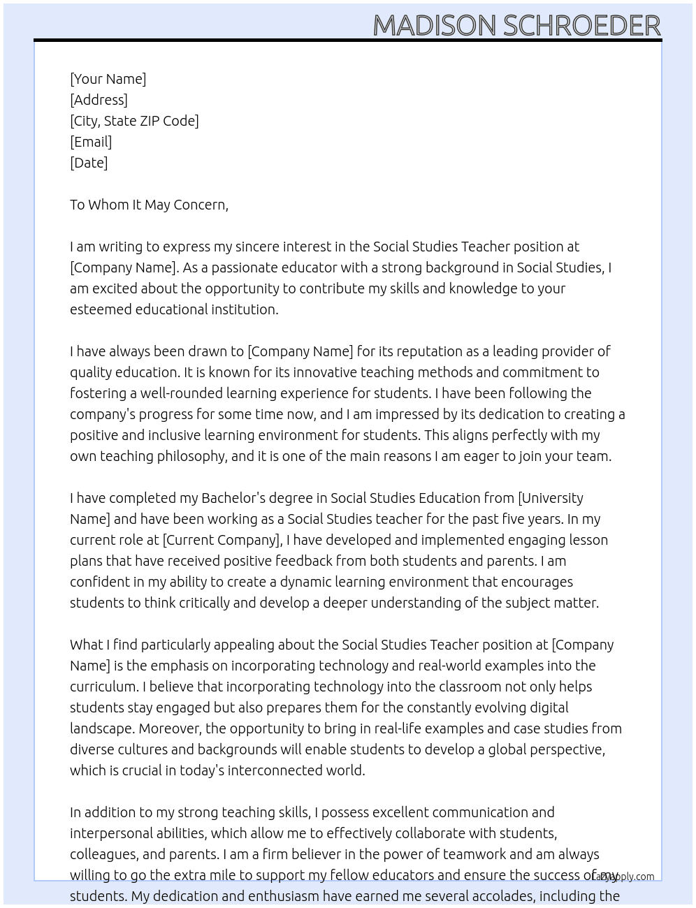 Social Studies Teacher At X Cover Letter