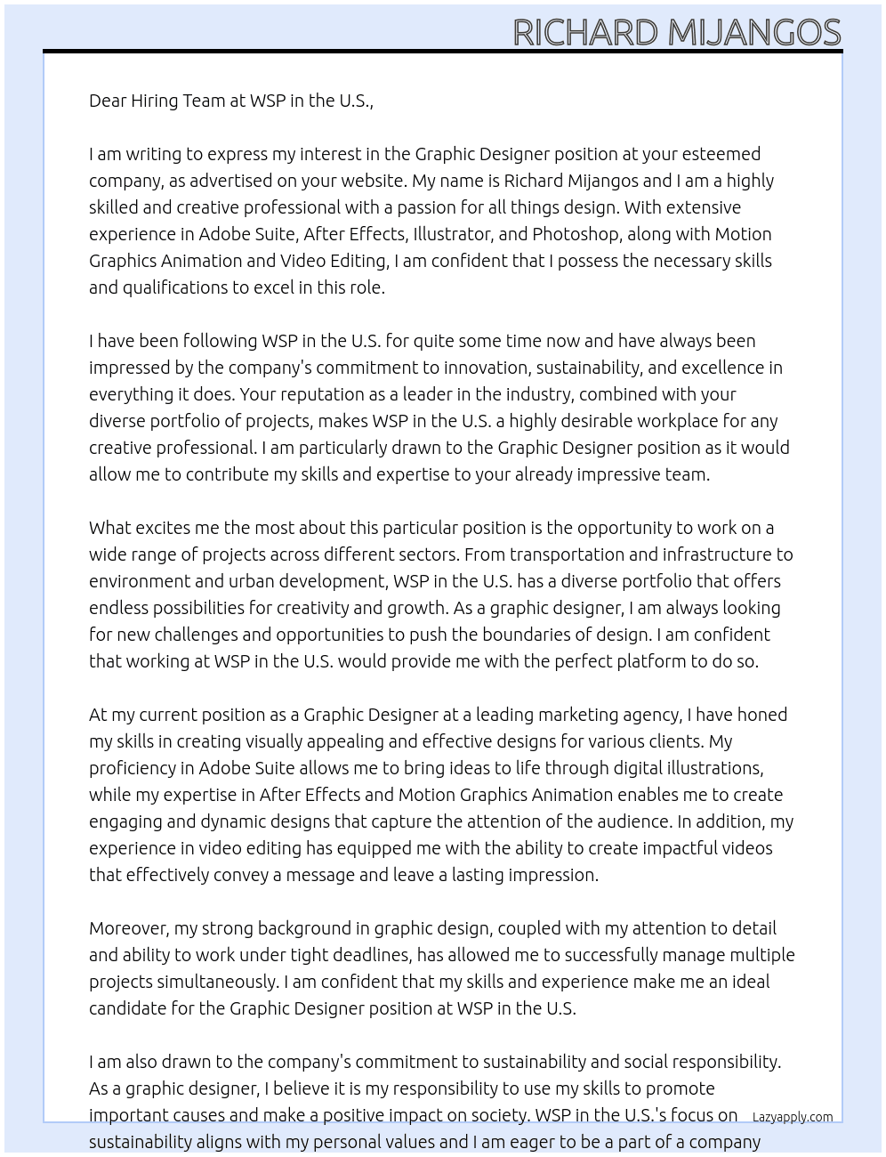 Graphic Designer At  WSP in the U.S. Cover Letter