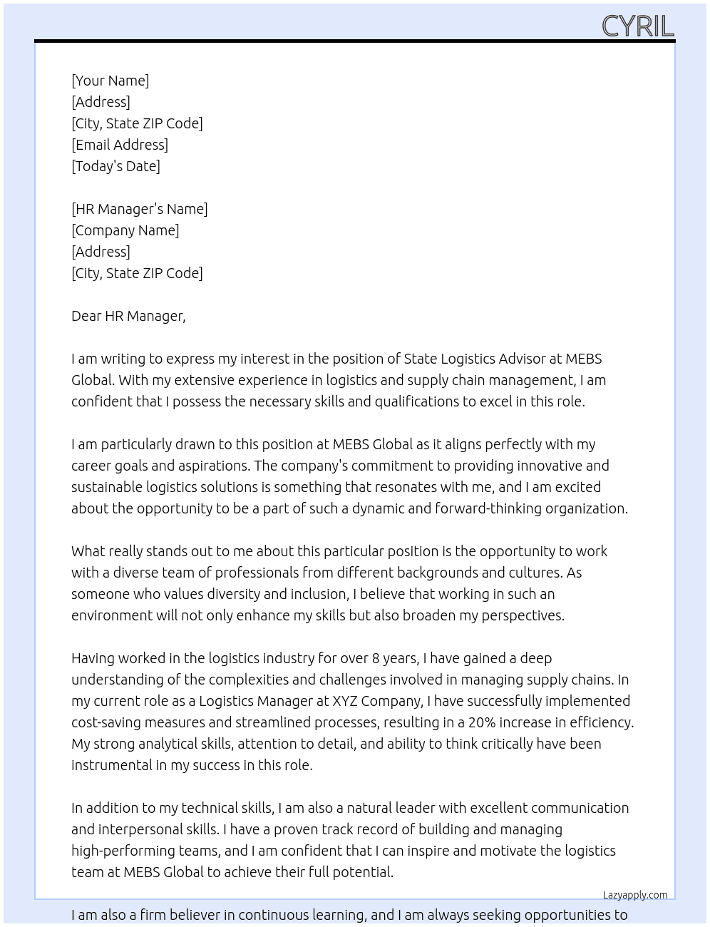 State Logistics Advisor At MEBS Global Cover Letter