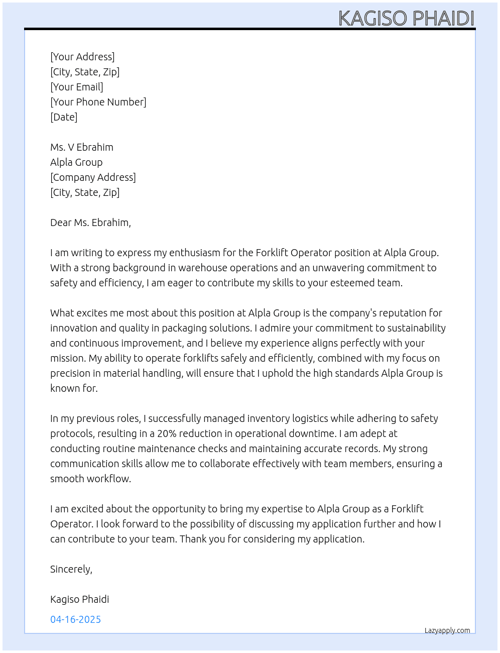 forklift At Alpla group Cover Letter