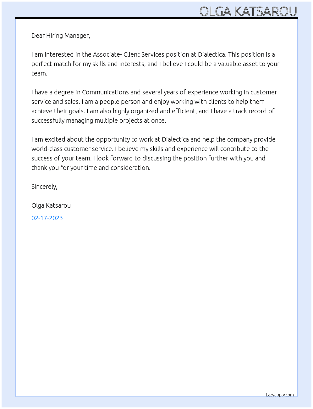 Associate- Client Services At Dialectica Cover Letter