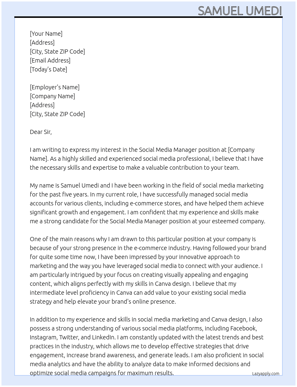 Social Media Manager At E commerce store  Cover Letter