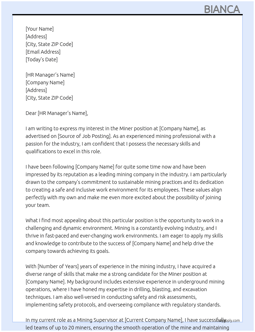 Miner At Abcddddd Cover Letter