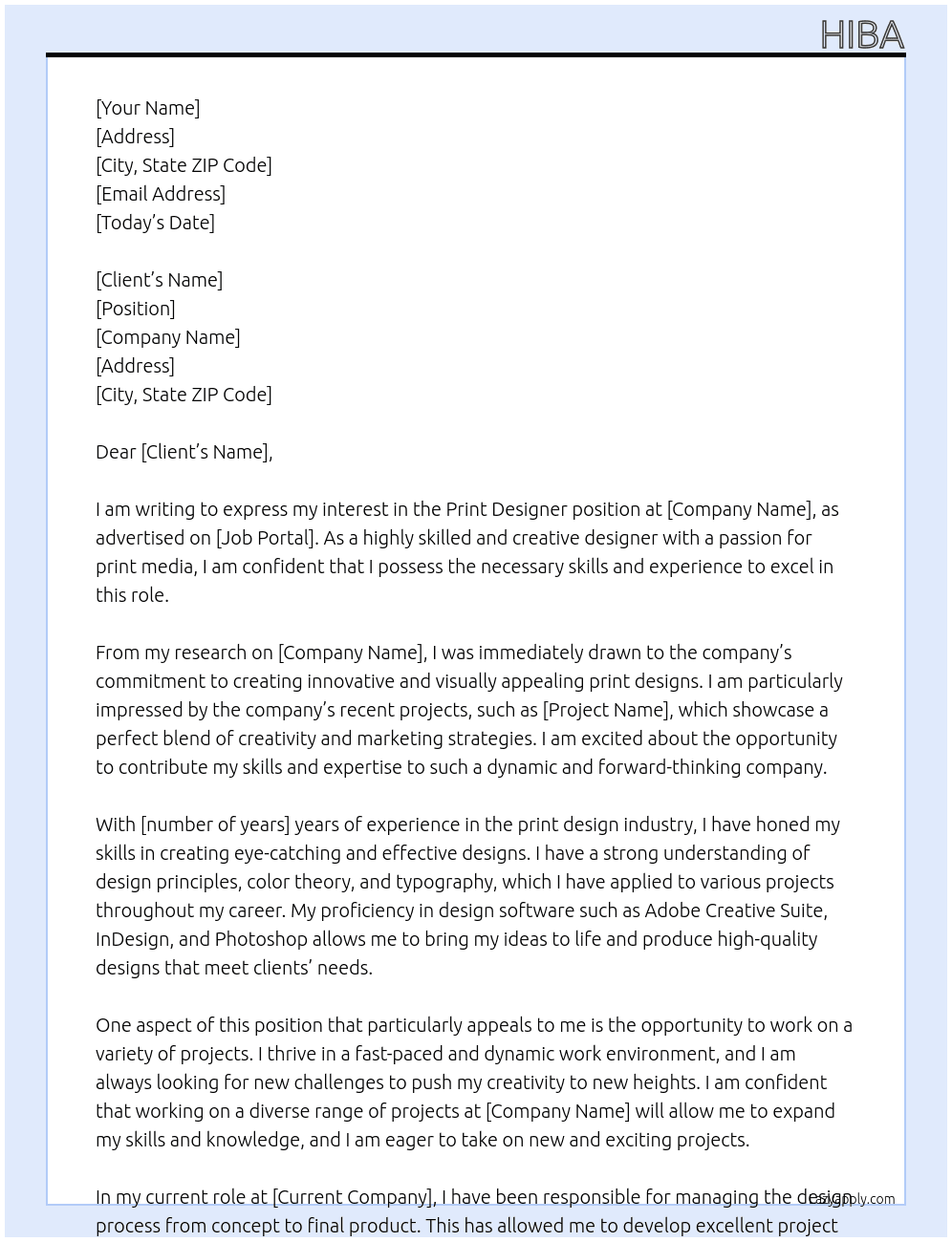 print designer At project Cover Letter