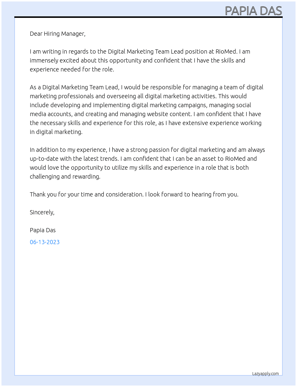 Digital Marketing Team Lead At RioMed Cover Letter