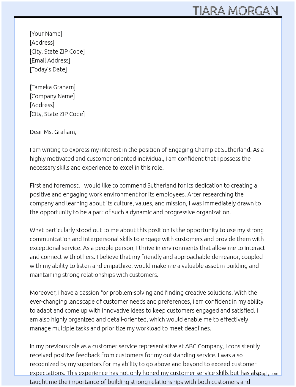 Cover letter for engaging champ - LazyApply