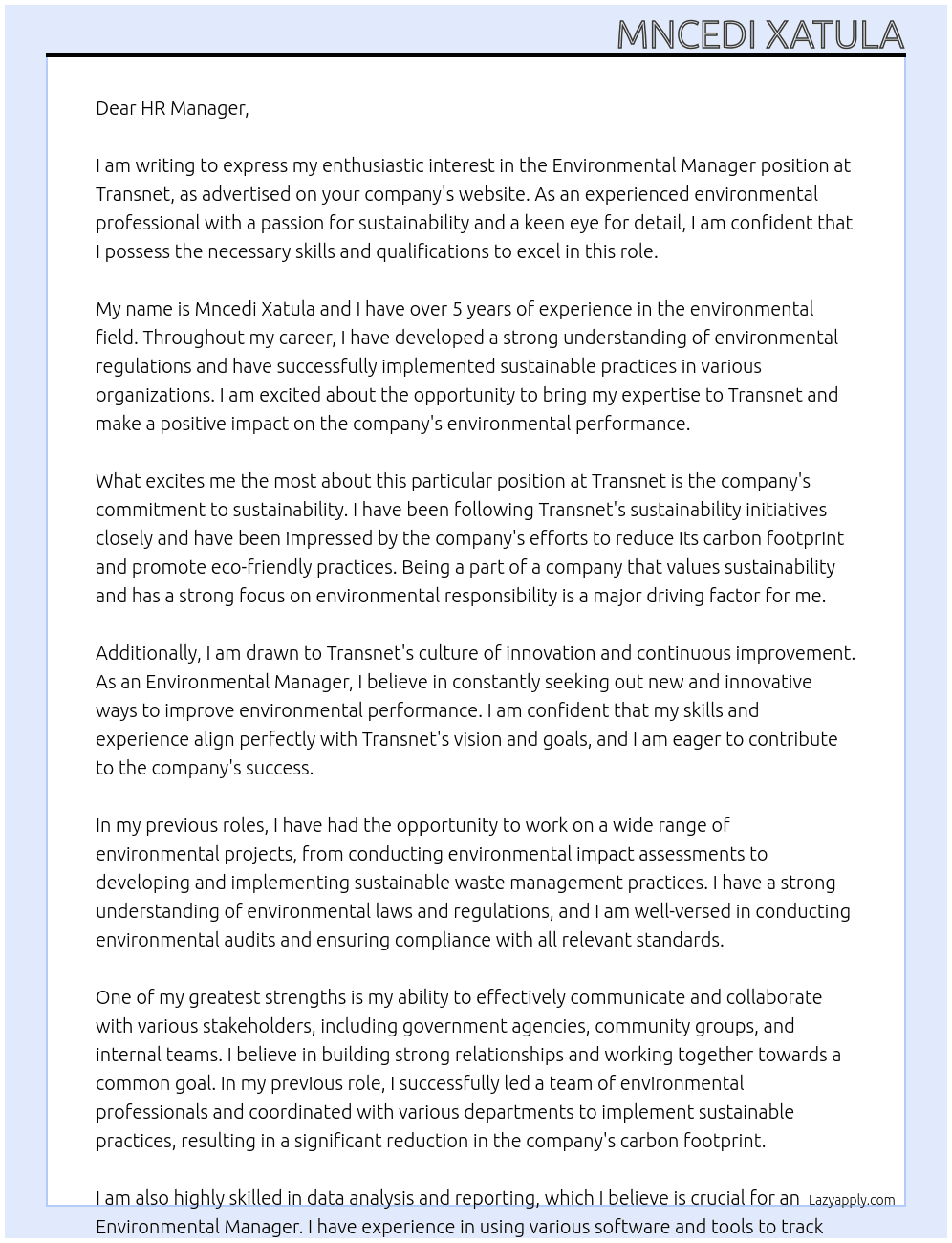 environmental Manager At Transnet Cover Letter