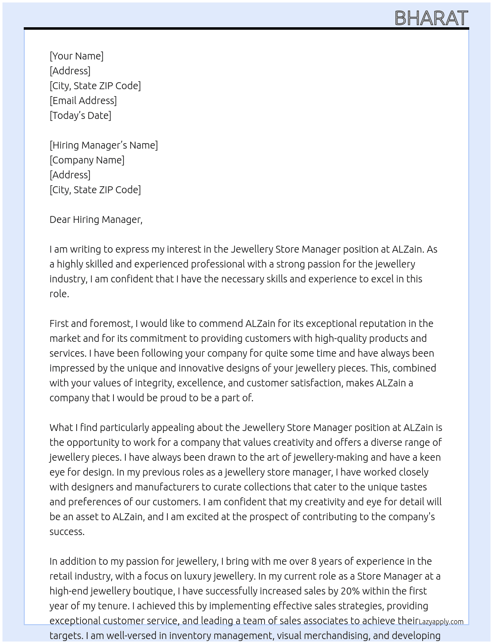 Jewellery store manager At ALZain Cover Letter