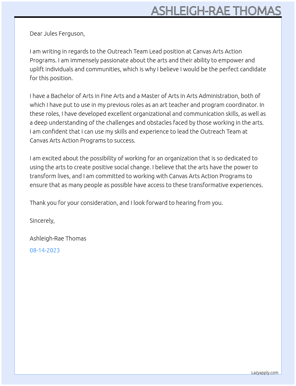 Outreach Team Lead At Canvas Arts Action Programs Cover Letter