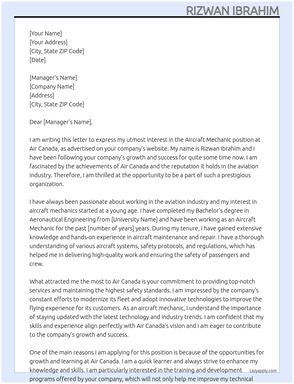 Aircraft Mechanic At Air Canada Cover Letter