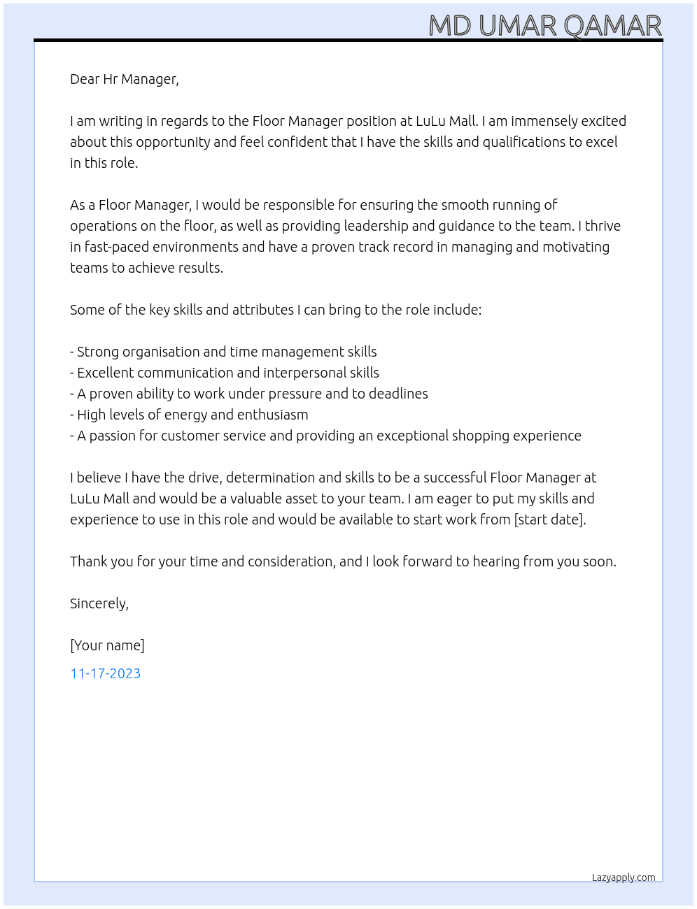 Floor Manager At LuLu Mall Cover Letter