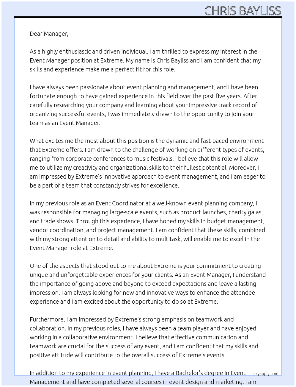 event manager  At extreme Cover Letter
