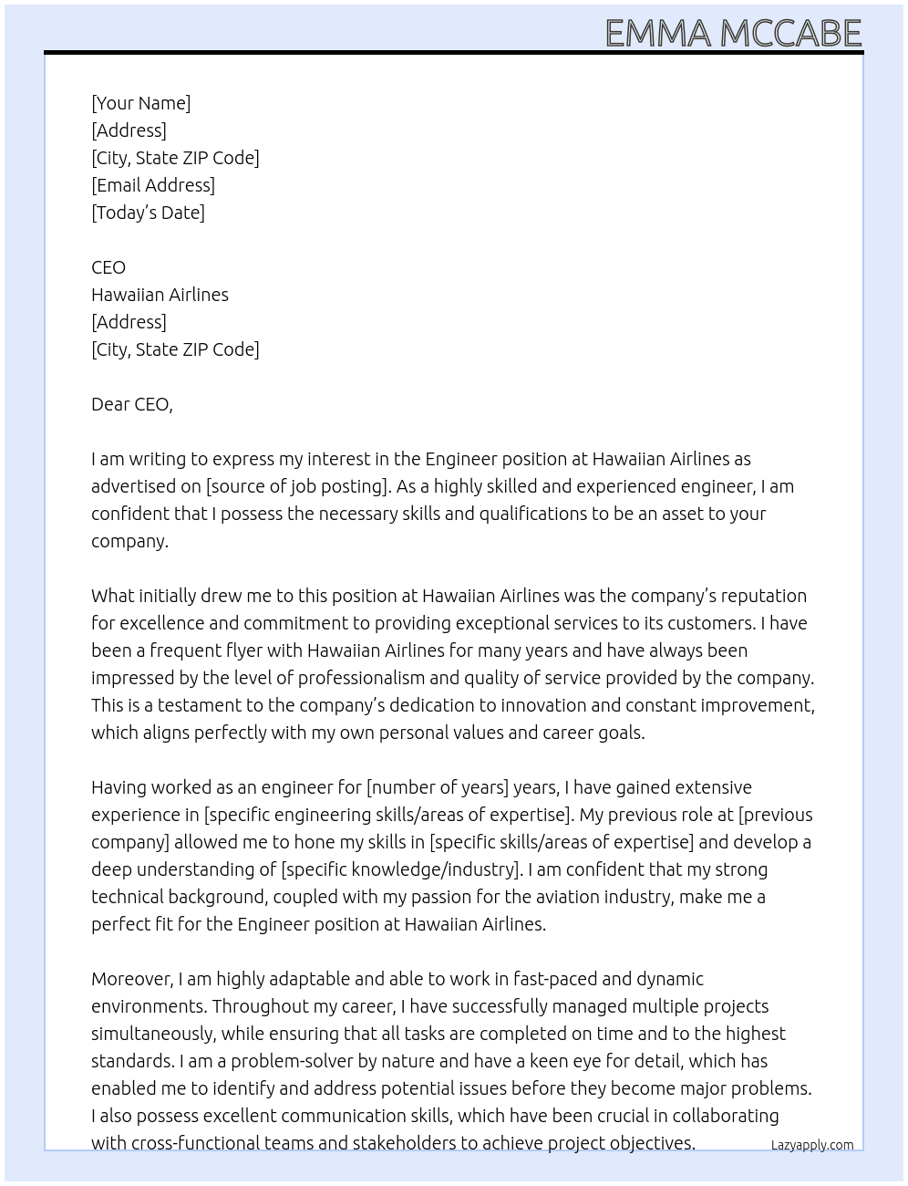 Engineer At Hawaiian Airlines Cover Letter