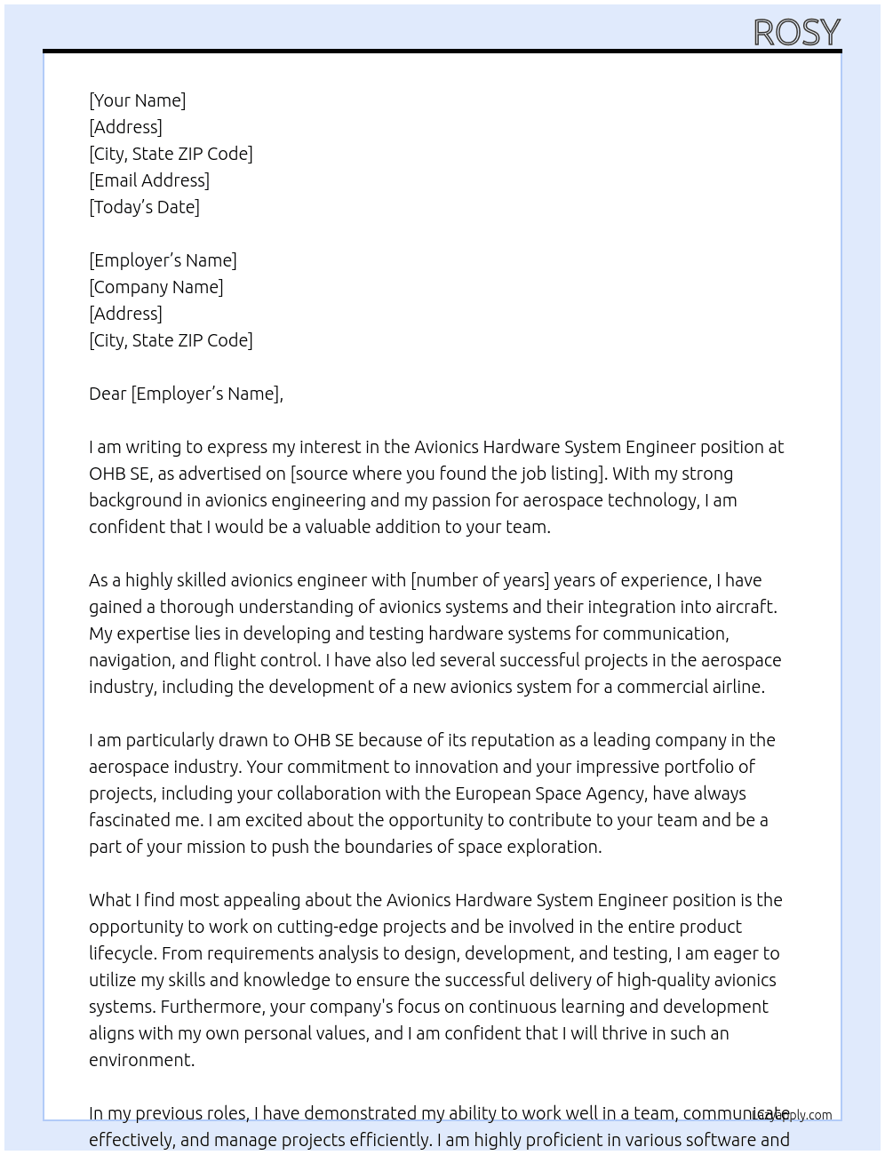 Avionics Hardware System Engineer At OHB SE Cover Letter