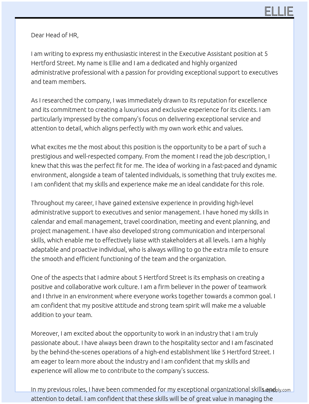 Executive Assistant At 5 Hertford Street Cover Letter