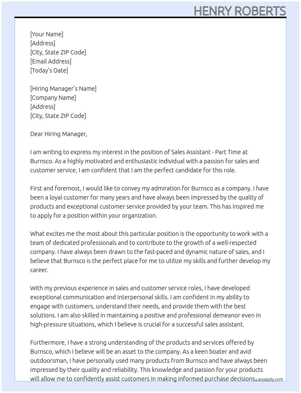 Sales Assistant - Part Time At Burnsco  Cover Letter