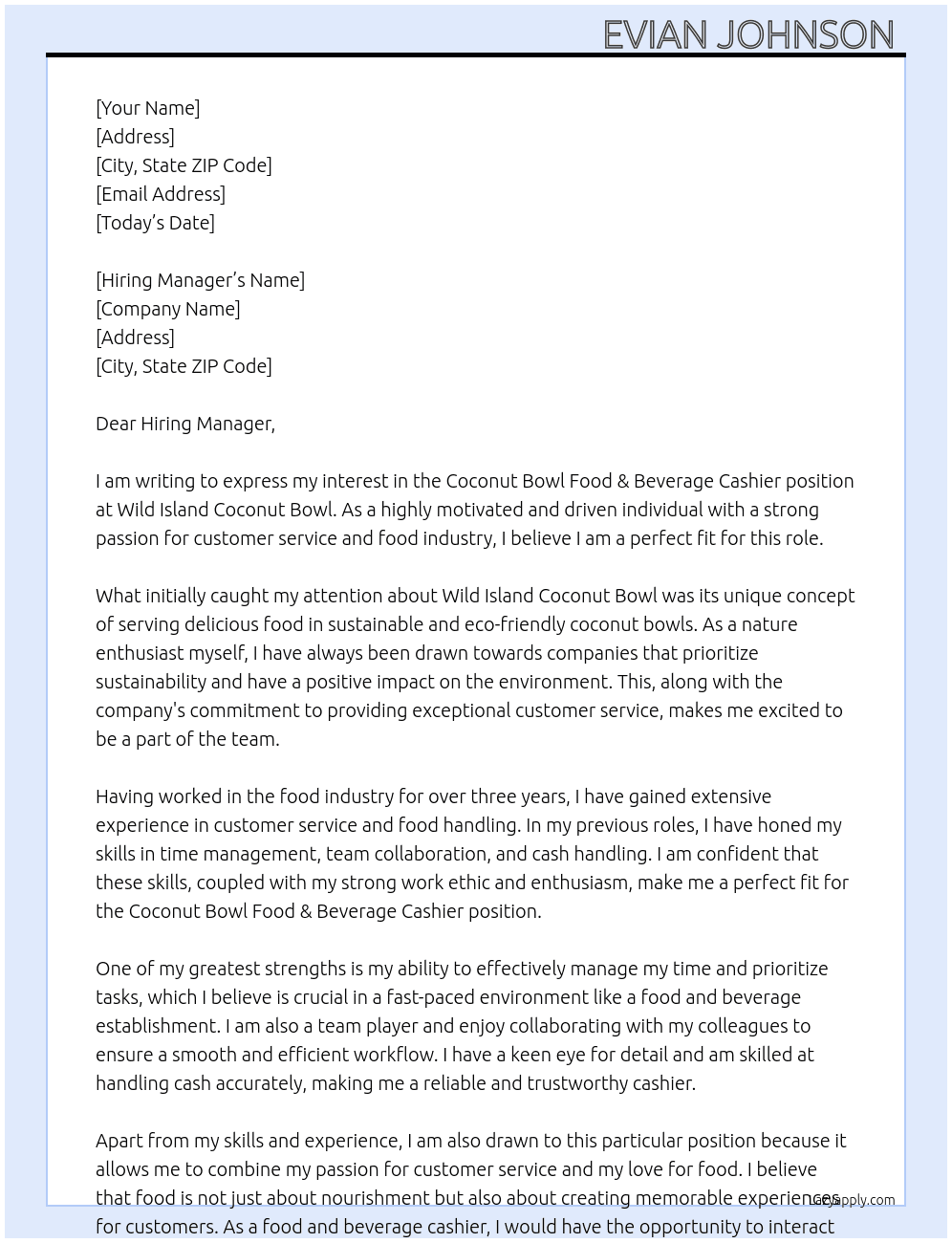 Coconut Bowl Food & Beverage Cashier At Wild Island Coconut Bowl Cover Letter