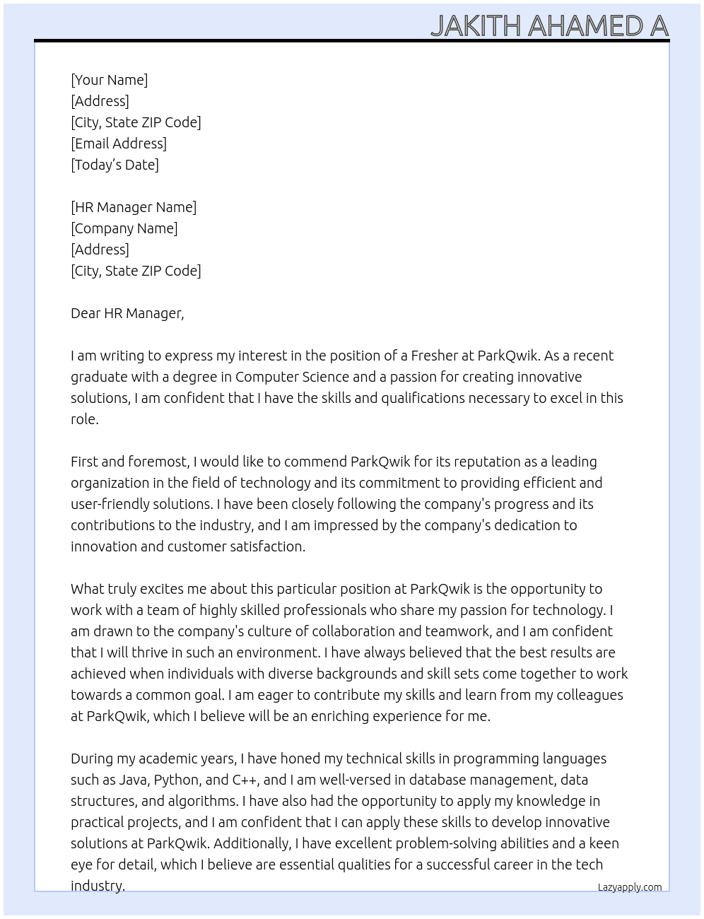 Fresher At PARKQWIK Cover Letter