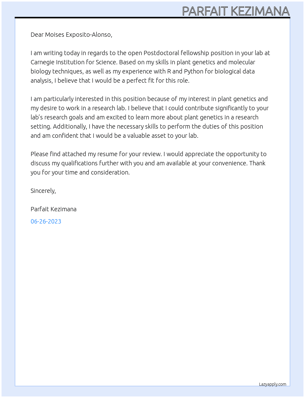 PostDoctoral fellowship At Moi Exposito-Alonso Lab, Carnegie Institution for Science Cover Letter