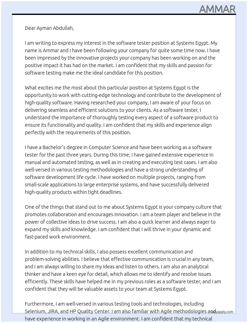 software tester  At Systems Egypt Cover Letter