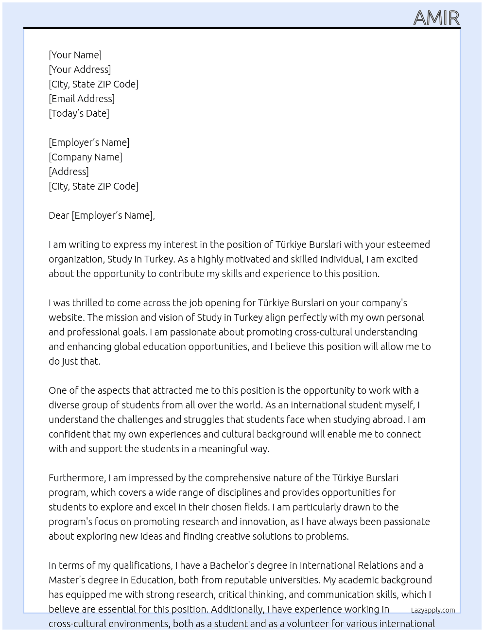 Türkiye burslari At Study in turkey  Cover Letter