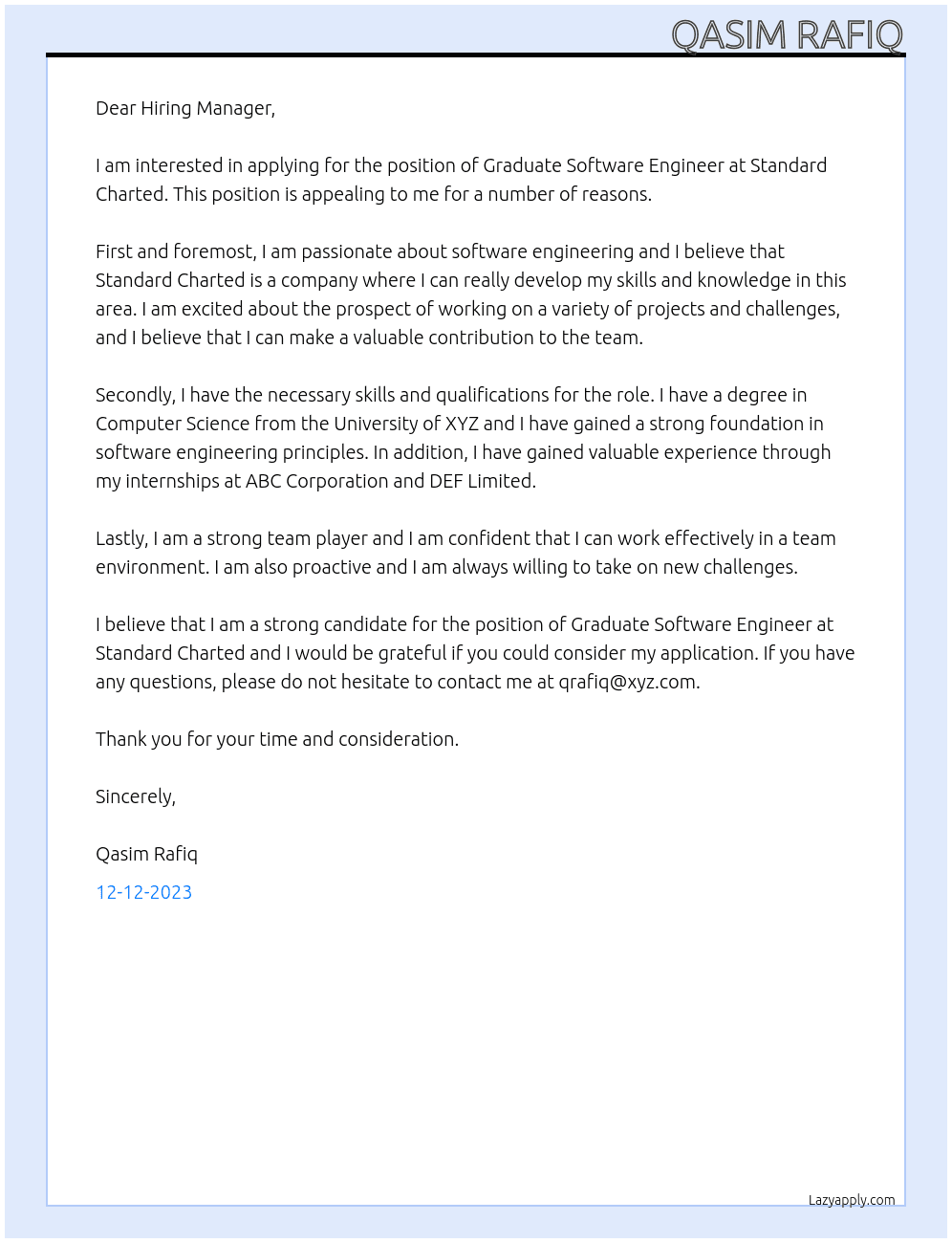 Graduate Software Engineer At Standard Charted Cover Letter