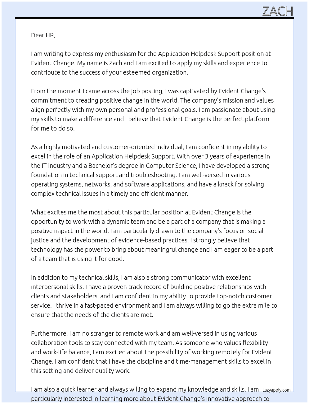 Application Helpdesk Support At Evident Change Cover Letter