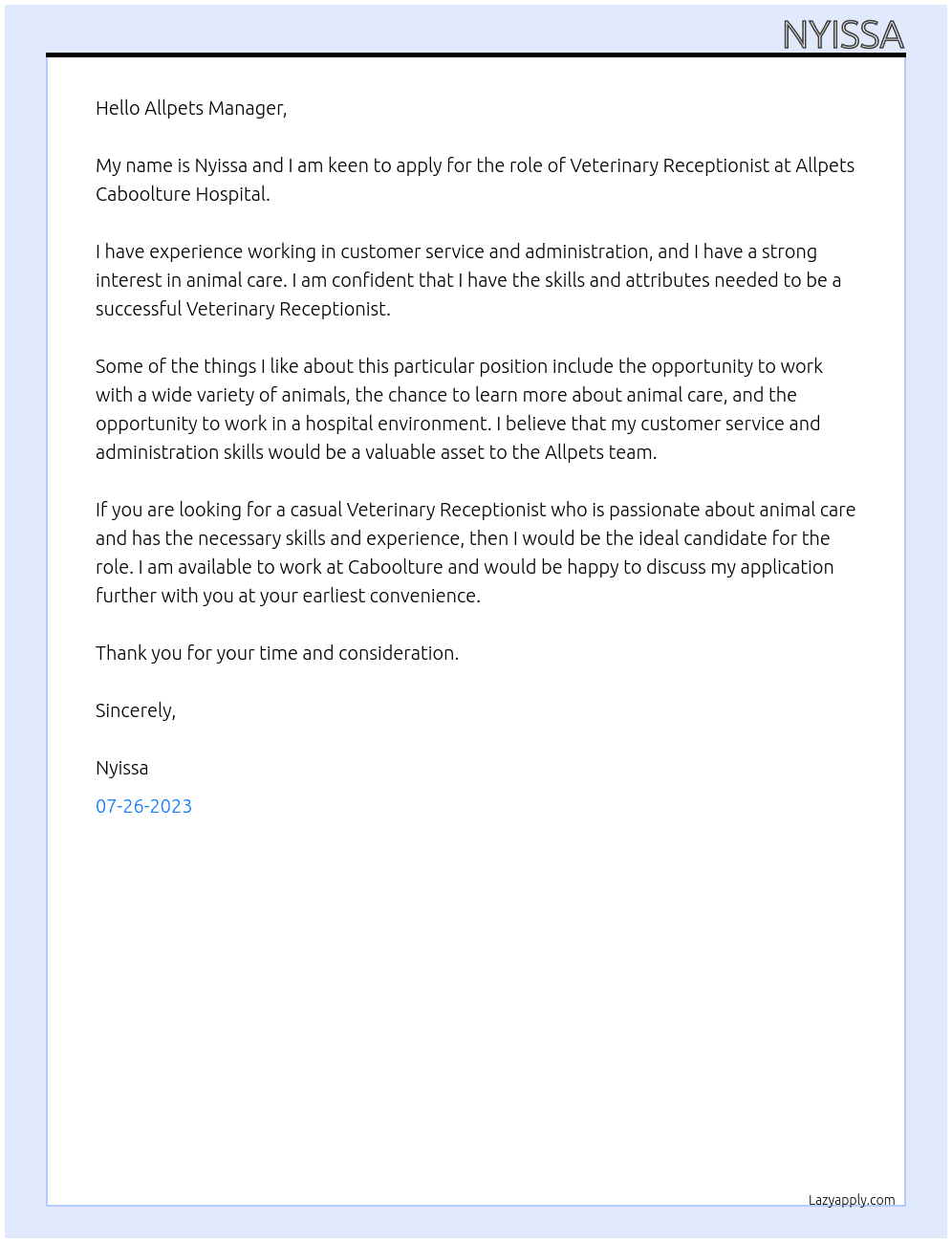 Veterinary Receptionist At Allpets Caboolture Hospital Cover Letter