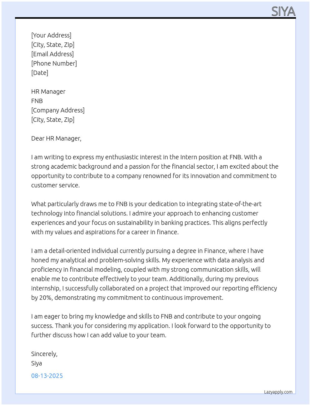 Intern At FNB Cover Letter