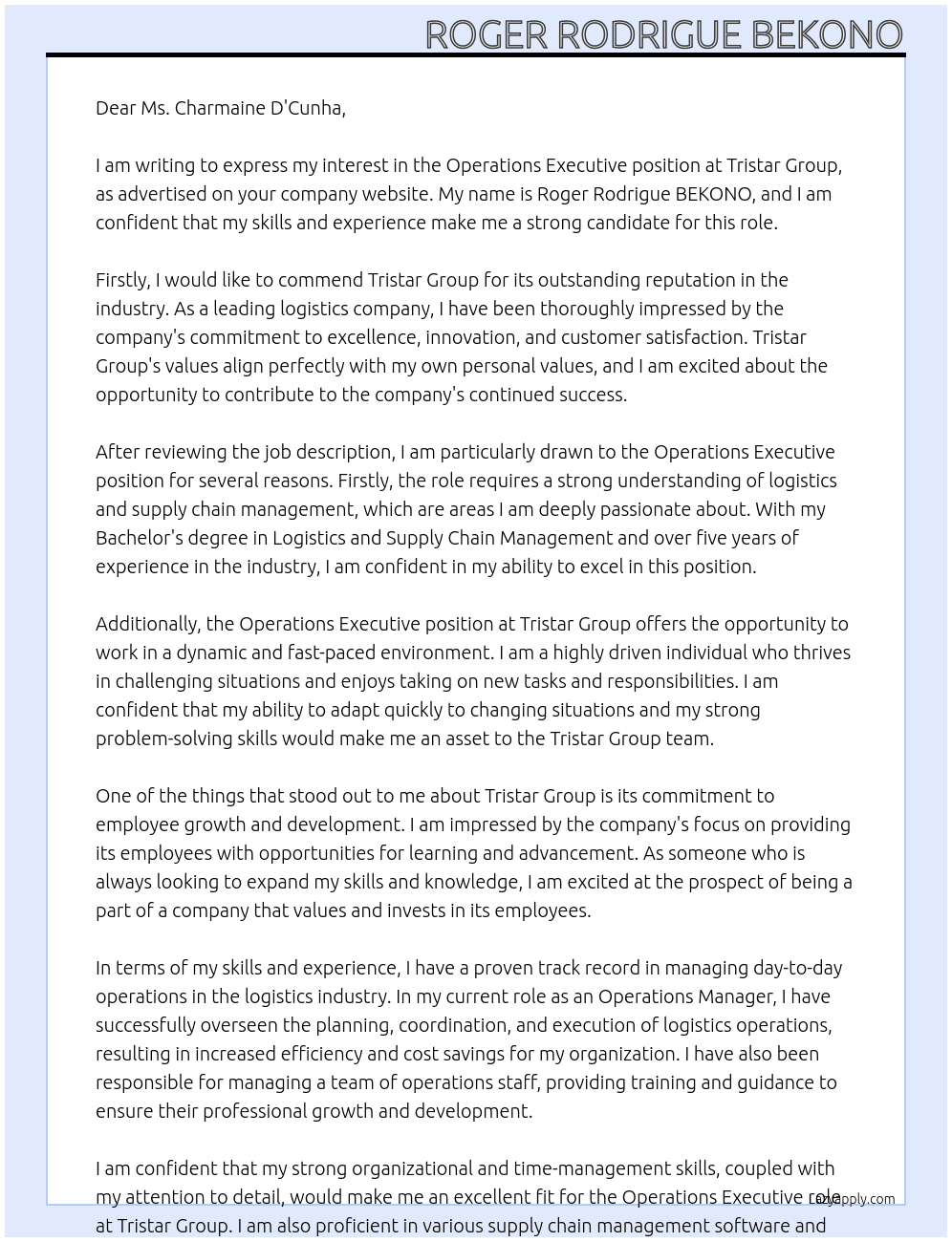 Operations Excecutive At Tristar Group Cover Letter