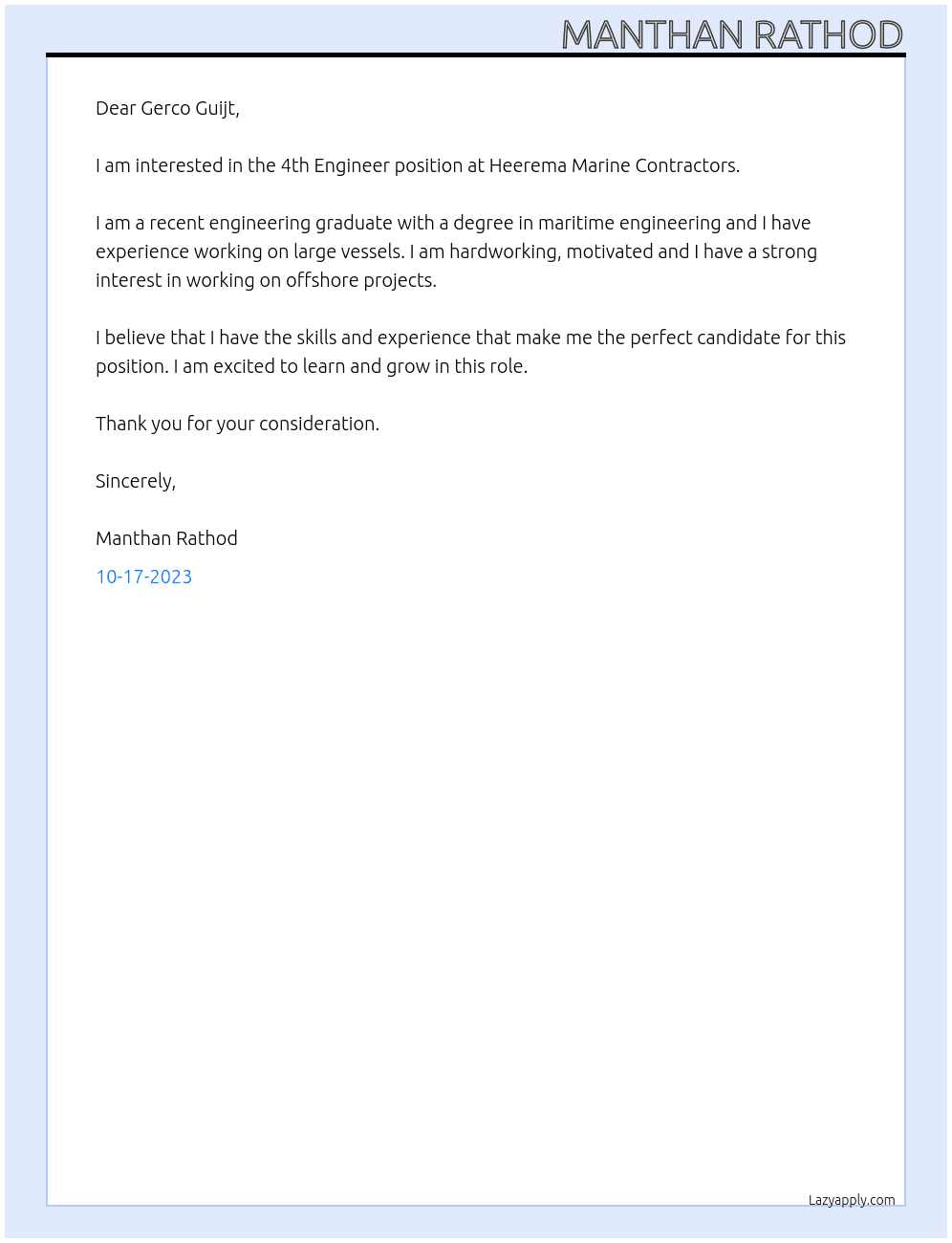 4th Engineer At Heerema Marine Contractors  Cover Letter