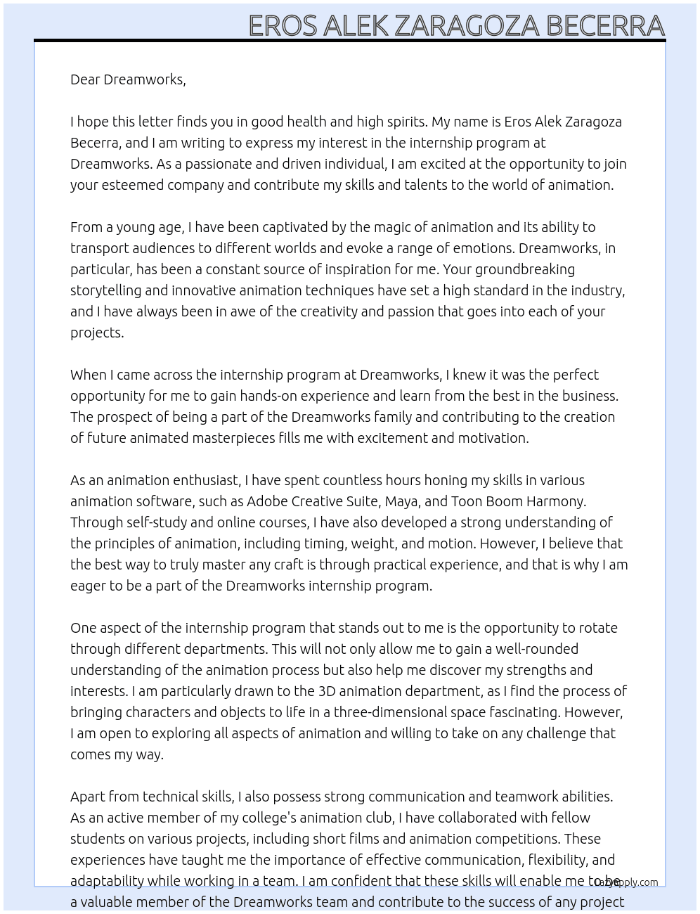Intership program At Dreamworks Cover Letter