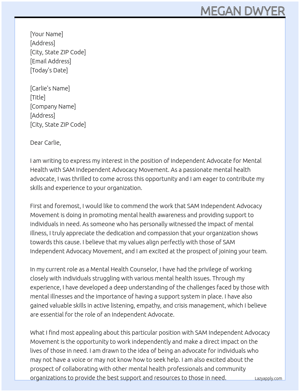 Independent Advocate - Mental Health At SAM Independent Advocacy Movement Cover Letter