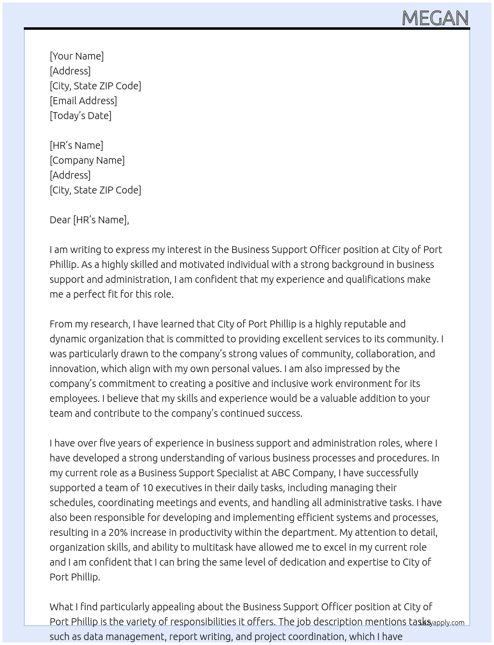 Business Support Officer At City of Port Phillip Cover Letter