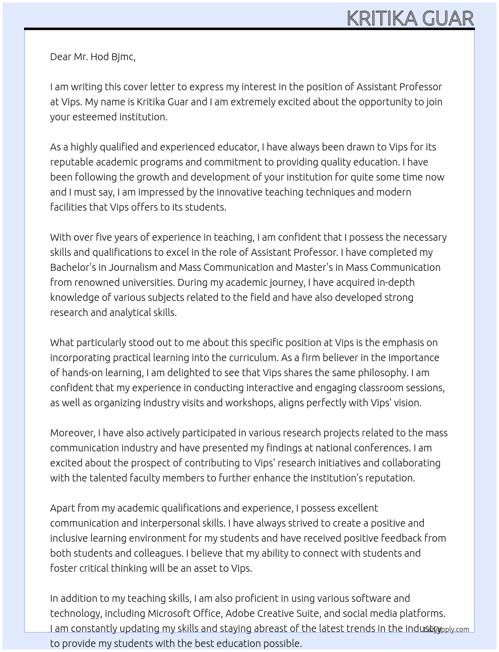 Assistant Professor  At Vips Cover Letter