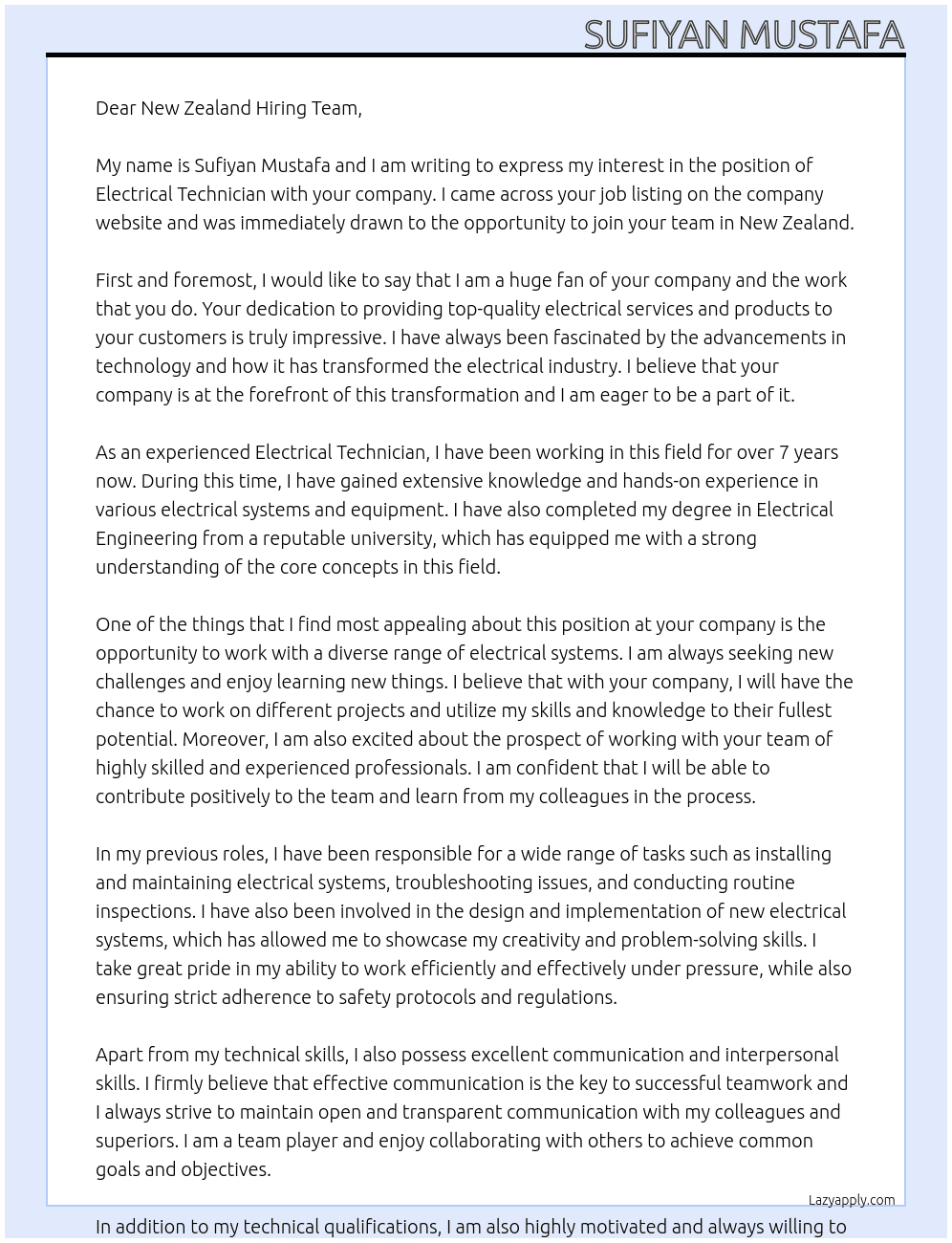 Electrical technician At New Zealand Cover Letter