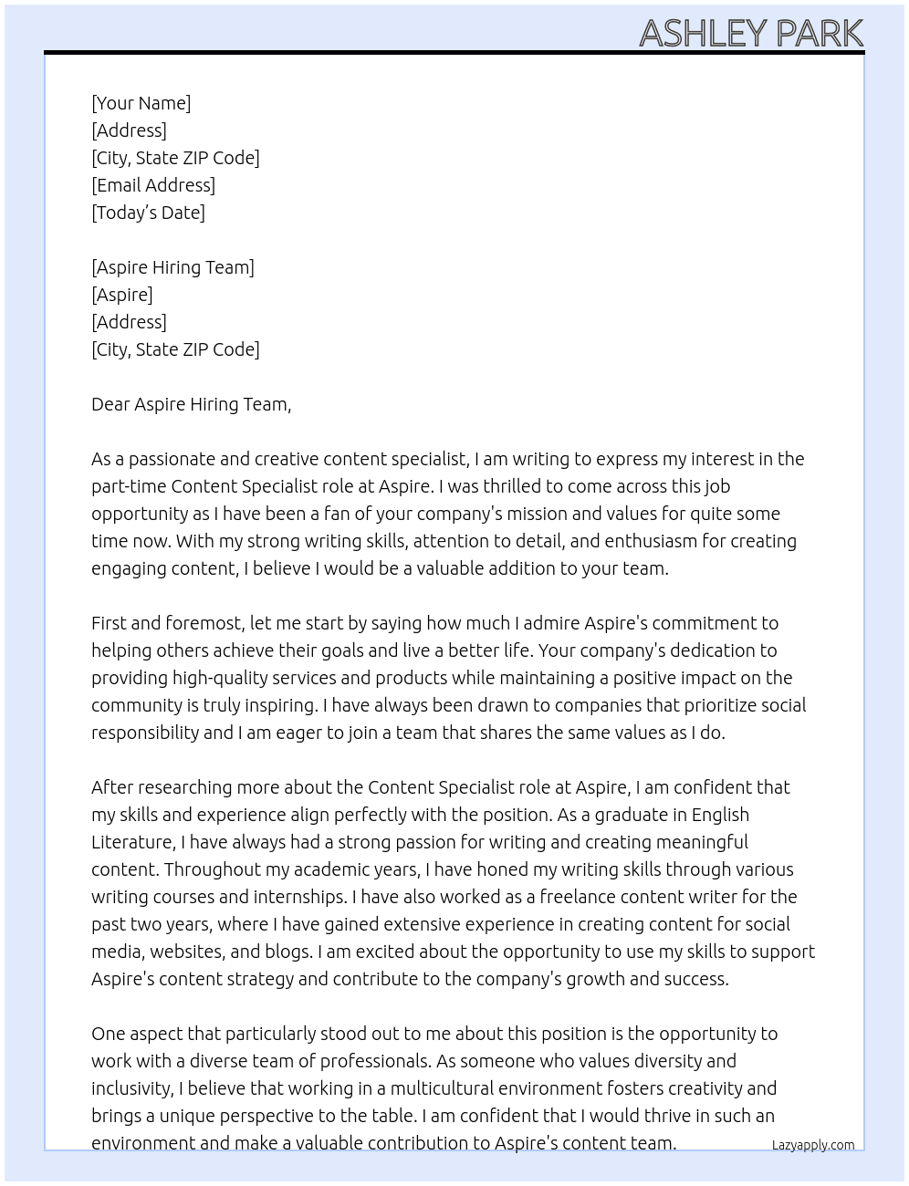 Content Specialist At Aspire Cover Letter